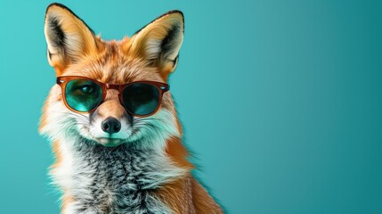 Obraz premium Fox wearing sunglasses on blue turquoise background travel advertising campaign copyspace