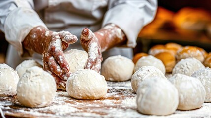 Fototapeta premium cute doughs arranged on a table in a bakery, with a close-up of a woman's hands skillfully rolling out pizza dough at a food production line, against a blurred background.