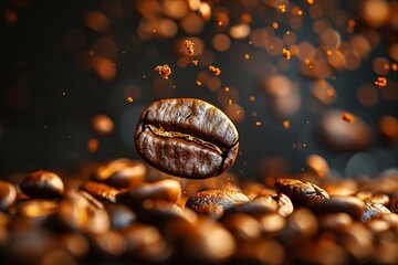 Coffee Bean Falling Banner for International Coffee Day - Isolated Roasted Bean Concept