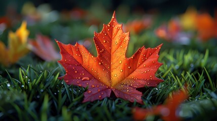 Red maple leaf resting on green grass with water droplets