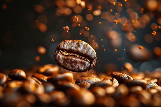 Coffee Bean Falling Banner for International Coffee Day - Isolated Roasted Bean Concept