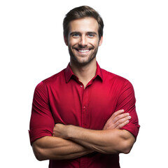 Obraz premium Smiling Man With Arms Crossed Wearing a Red Shirt on Transparent Background