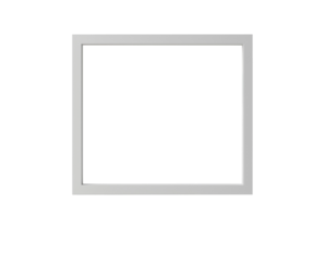 A white photo frame stands on a white pedestal against a white wall