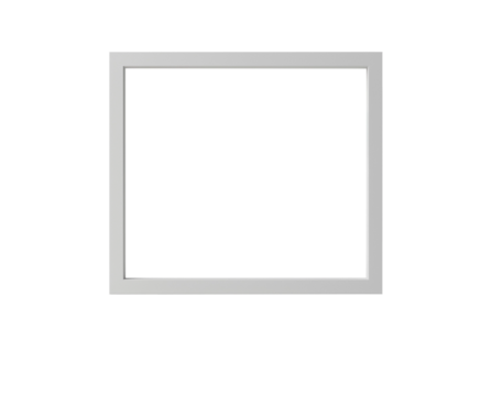 A white photo frame stands on a white pedestal against a white wall