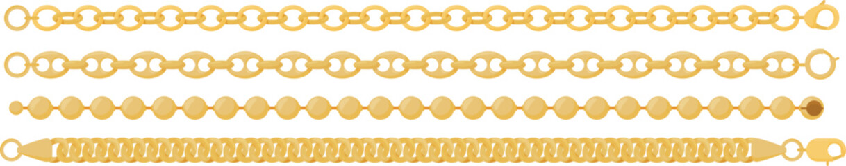 Golden jewelry chains patterns different designs. Luxury fashion accessories gold links variety. Jewelry bracelets golden chain design isolated white background