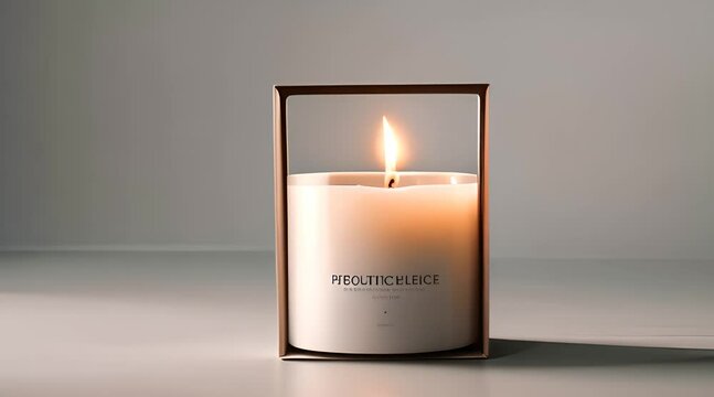 Realistic 3D vector mockup of a scented candle in a glass jar in an open packaging box, front view. The design offers an ideal template for advertising aromatherapy products