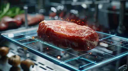 Laboratory grown artificial meat concept showcasing the future of food with cultured beef, a sustainable and ethical alternative to traditional meat production