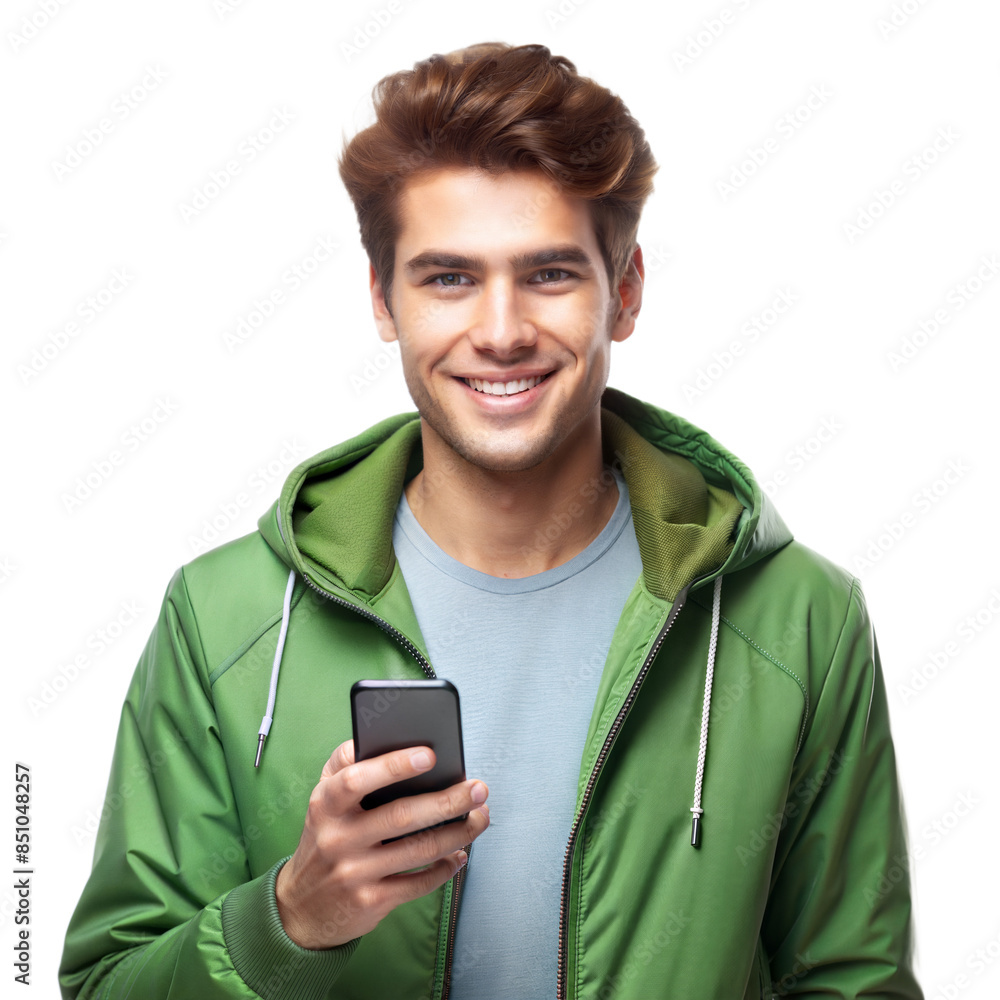 Poster smiling man using smartphone in green jacket on transparent background