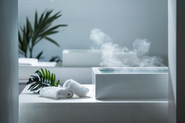 A steam is coming out of a white tub with towels and plants, AI