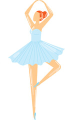 Naklejka premium Ballerina performing ballet pose blue dress vector illustration. Female dancer ballet blue tutu graceful isolated white background, dancer practicing, ballerina outfit vector art