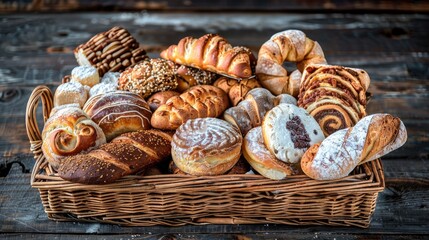 a wooden table adorned with a basket filled with various types of breads, including freshly baked rye loaves, white rolls, baguettes, and floral shaped buns in the background.