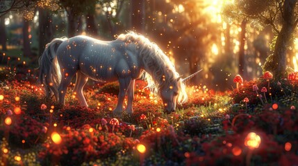 Magical white unicorn grazing in an enchanted forest at sunset