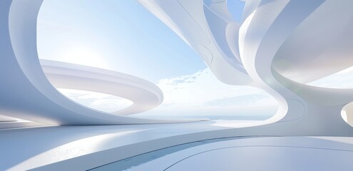 Abstract background with blue sky and curved white architecture. White stripe pattern on a futuristic background. Texture Flow Backgrounds Color Speed Abstraction Curve Backdrop