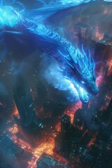 Modern Dragon Hunts Above the City Below Fantasy Background Art, Futuristic Cityscape Concept Artwork, Sci-fi Mythical Creature Design, Science Fiction Legendary Beast Monster Illustration Reference
