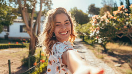 Fototapeta premium 笑顔で手を引く女性の幸せな瞬間