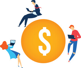 Three business professionals interact large dollar sign financial concept. Businessman sits atop, businesswoman leans against, man holds laptop near big currency symbol. Cartoon characters, blue red