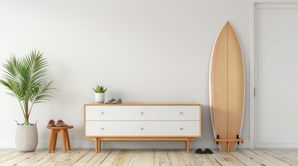 Interior of modern stylish hall with surfboard, shoe stand and chest of drawers.