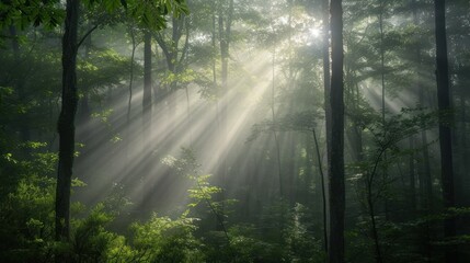 Obraz premium Serene forest clearing bathed in sunlight, bordered by tall, sturdy trees. Sunlit forest clearing with lush green grass and trees.