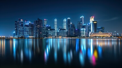 Fototapeta premium Nighttime cityscape skyline at night, illuminated and reflecting on calm waters