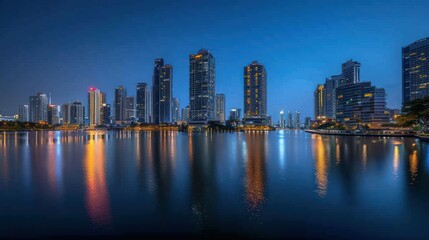 Fototapeta premium Nighttime cityscape skyline at night, illuminated and reflecting on calm waters