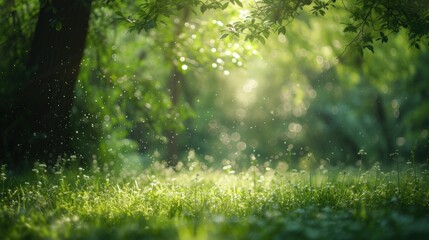 Fototapeta premium Serene forest clearing bathed in sunlight, bordered by tall, sturdy trees. Sunlit forest clearing with lush green grass and trees.