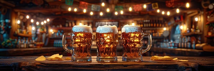 Obraz premium Three frothy beers on a bar counter, glowing warmly