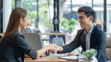 Business Success in Thailand: Thai Entrepreneurs Celebrating Deal Closure with Handshake in Modern Office Setting