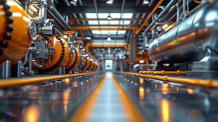 Obraz premium A long, narrow walkway lined with industrial machinery and piping