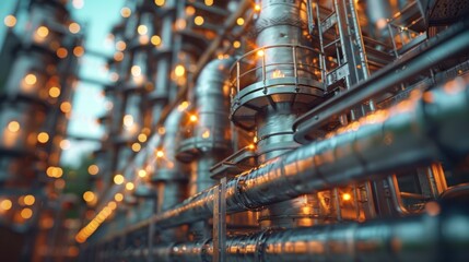 A close-up view of a metal pipeline with glowing lights, showcasing the intricate details of industrial machinery