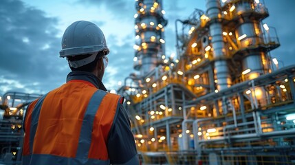 A worker in a safety vest and hard hat stands facing a massive industrial complex lit up at dusk