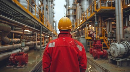 Fototapeta premium An industrial worker walks through a large-scale refinery, surrounded by complex machinery and pipes