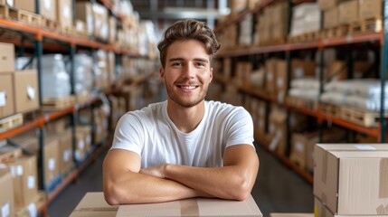 A young man in a warehouse smiles with his arms crossed, surrounded by shelves of packages