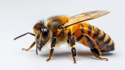A solitary honeybee, with its wings outstretched, stands on a white surface