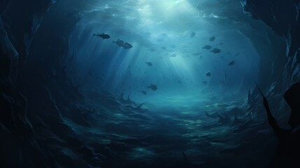 Underwater scene with sunlight, fish, and coral reefs.