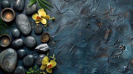 Obraz premium Zen stones. Spa background with spa accessories on a dark background. Free space for your text 