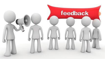 A 3D character uses a megaphone to solicit feedback from a group of avatars