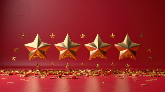 Five gold stars hover above a field of confetti on a red background