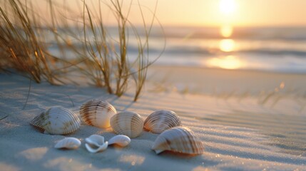 Sunrise with Seashells on Sandy Beach