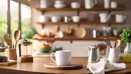 Obraz premium A Cup of Coffee on a Wooden Table in a Kitchen