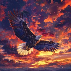 Obraz premium A majestic eagle soaring through a vibrant sunset sky with dramatic clouds, showcasing freedom and strength in nature.