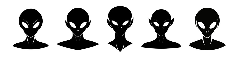 Fototapeta premium Set of Black silhouettes of alien heads isolated on white background. Humanoids. Concept of extraterrestrial, sci-fi design, space being. Graphic art. Icon, print, pictogram, logo, design element