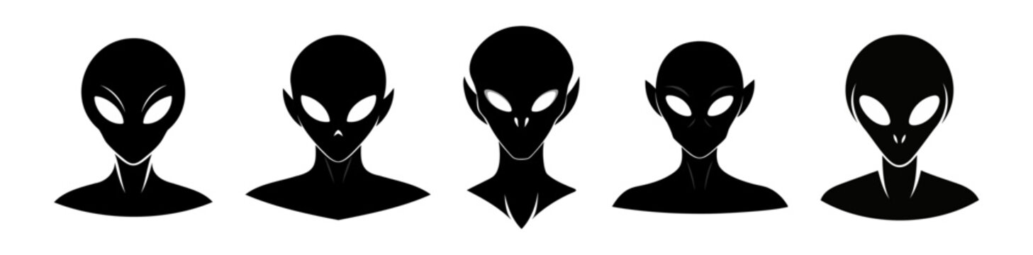 Set of Black silhouettes of alien heads isolated on white background. Humanoids. Concept of extraterrestrial, sci-fi design, space being. Graphic art. Icon, print, pictogram, logo, design element