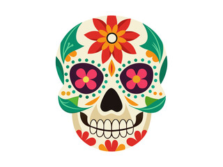 Colorful sugar skull with floral designs for Day of the Dead. Isolated on white background. Concept of Dia de los Muertos, Halloween, celebration, Mexican tradition. Print, design element