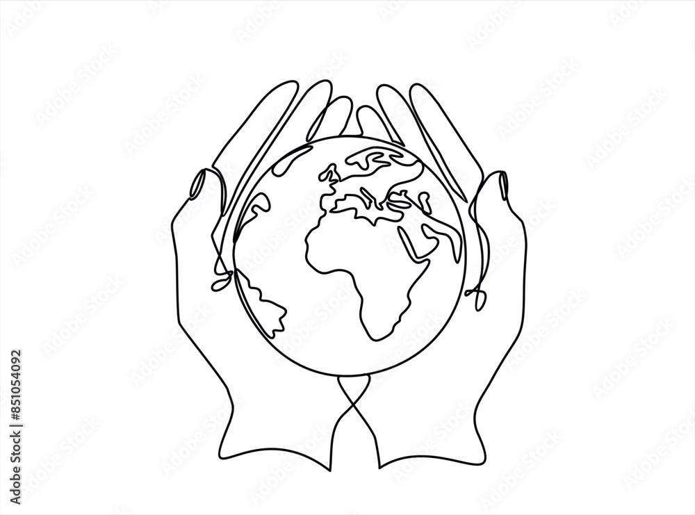 Poster continuous one line art drawing hands hold earth globe. save and protect planet linear concept. vect