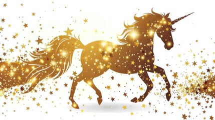 A unicorn is running through a field of stars. The unicorn is golden and has a long, flowing mane. The stars are scattered throughout the image, creating a sense of magic and wonder