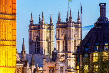 Fototapeta premium Towers of Westminster Abbey at sunset, London, UK