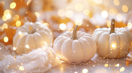 Fototapeta premium White Pumpkins with Fairy Lights for Festive Autumn Decor