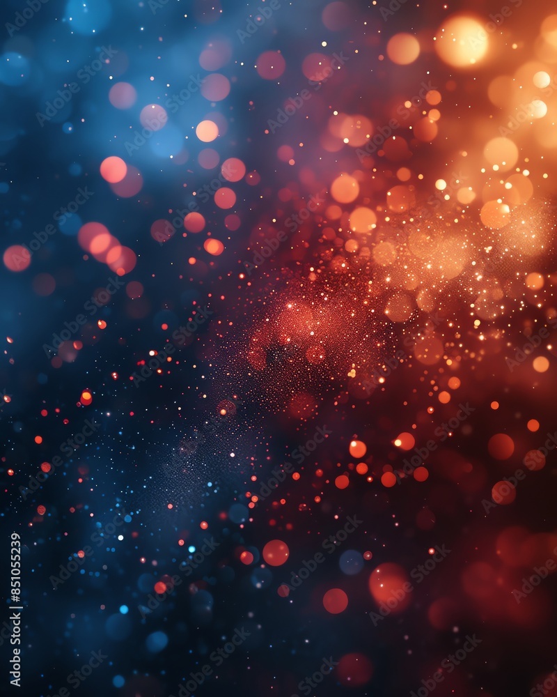 Poster a vibrant bokeh background with glowing blue and red lights, creating a dynamic and festive atmosphe