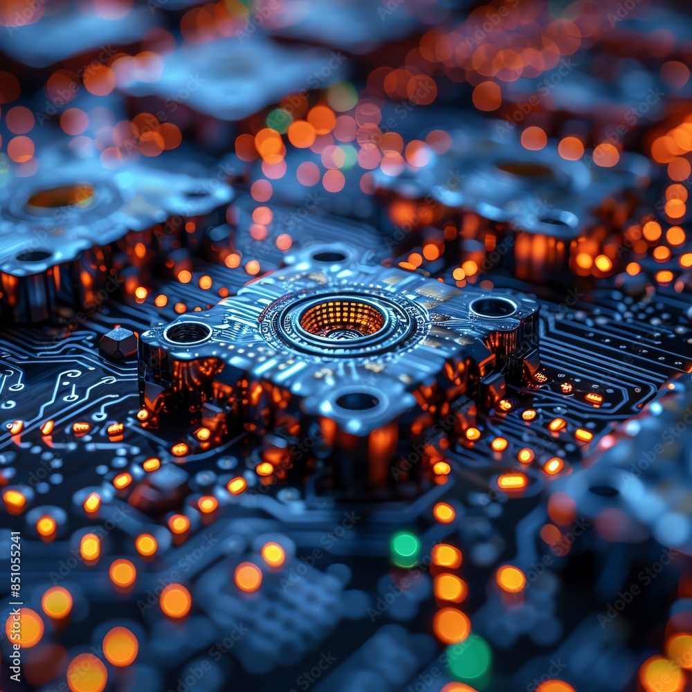Poster close-up of an intricate, illuminated circuit board with glowing connections, showcasing advanced te