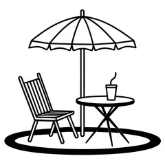 Scene of chair with coffee table and umbrella near green lawn in nature park cartoon